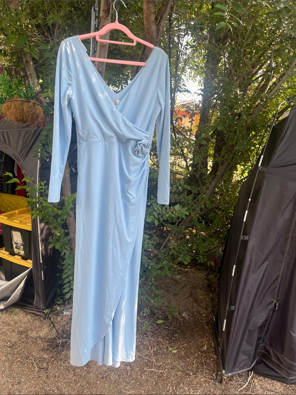 Wayf Sky Blue Long Sleeve Wrap Gown with Rosette